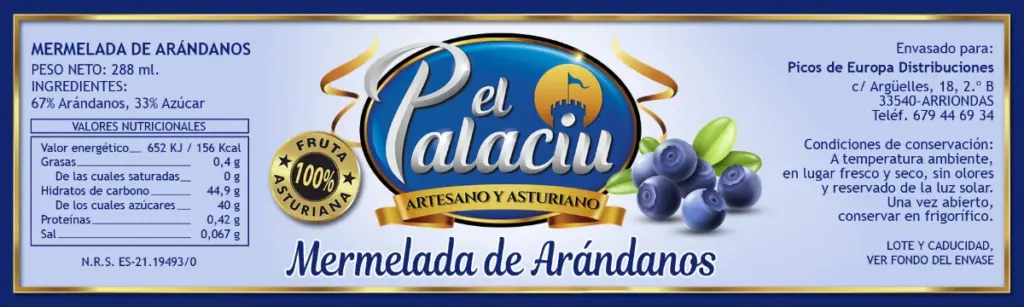 Etiqueta de Mermelada de Arándanos El Palaciu de Picos Distribución