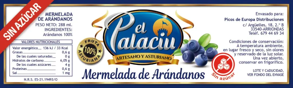 Etiqueta de Arándanos de Manzana Sin Azúcar El Palaciu de Picos Distribución