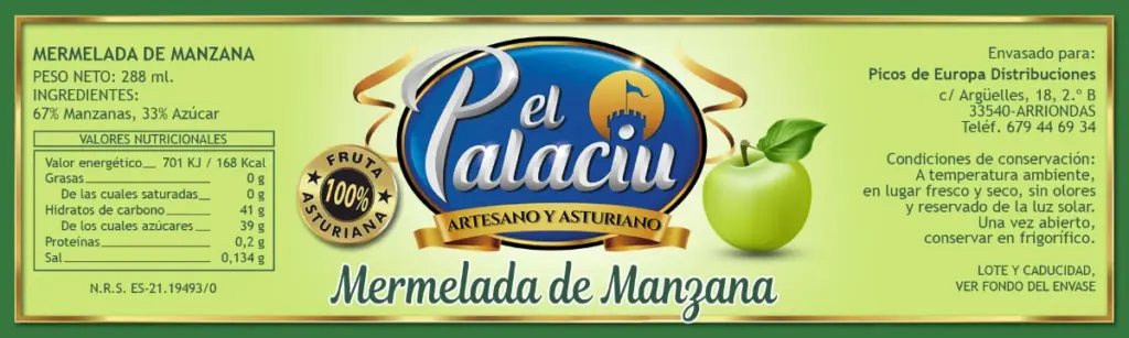 Etiqueta de Mermelada de Manzana El Palaciu de Picos Distribución