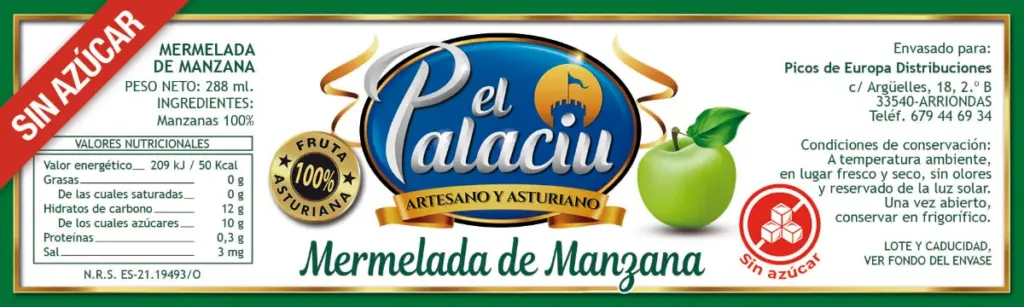 Etiqueta de Mermelada de Manzana Sin Azúcar El Palaciu de Picos Distribución