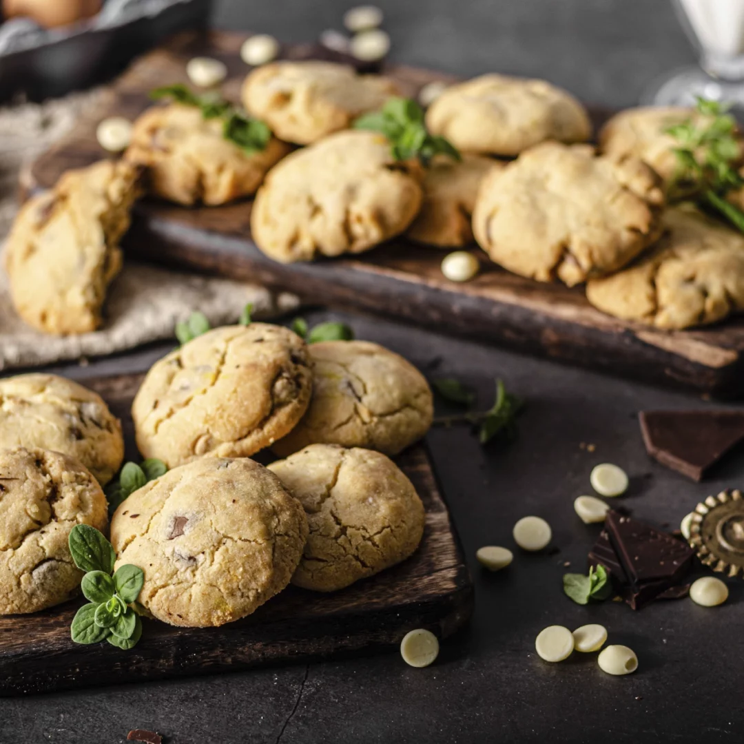 Galletas de chocolate en una tabla de madera, junto a un vaso de leche y un par de huevos frescos.